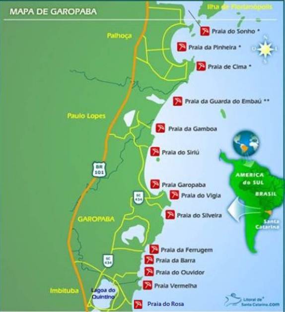 Mapa com as praias do litoral sul de Santa Catarina, da Praia do Rosa (Imbituba) à Praia do Sonho (Palhoça), passando pelas diversas praias de Garopaba e a Guarda do Embaú. Nós visitamos praticamente todas elas